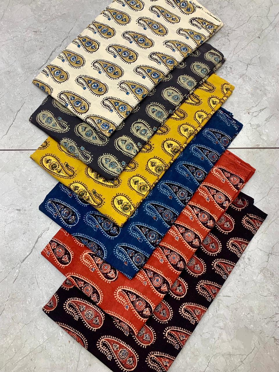 Ajrakh pure cotton handblock printed fabric in green base with multicolour traditional motifs